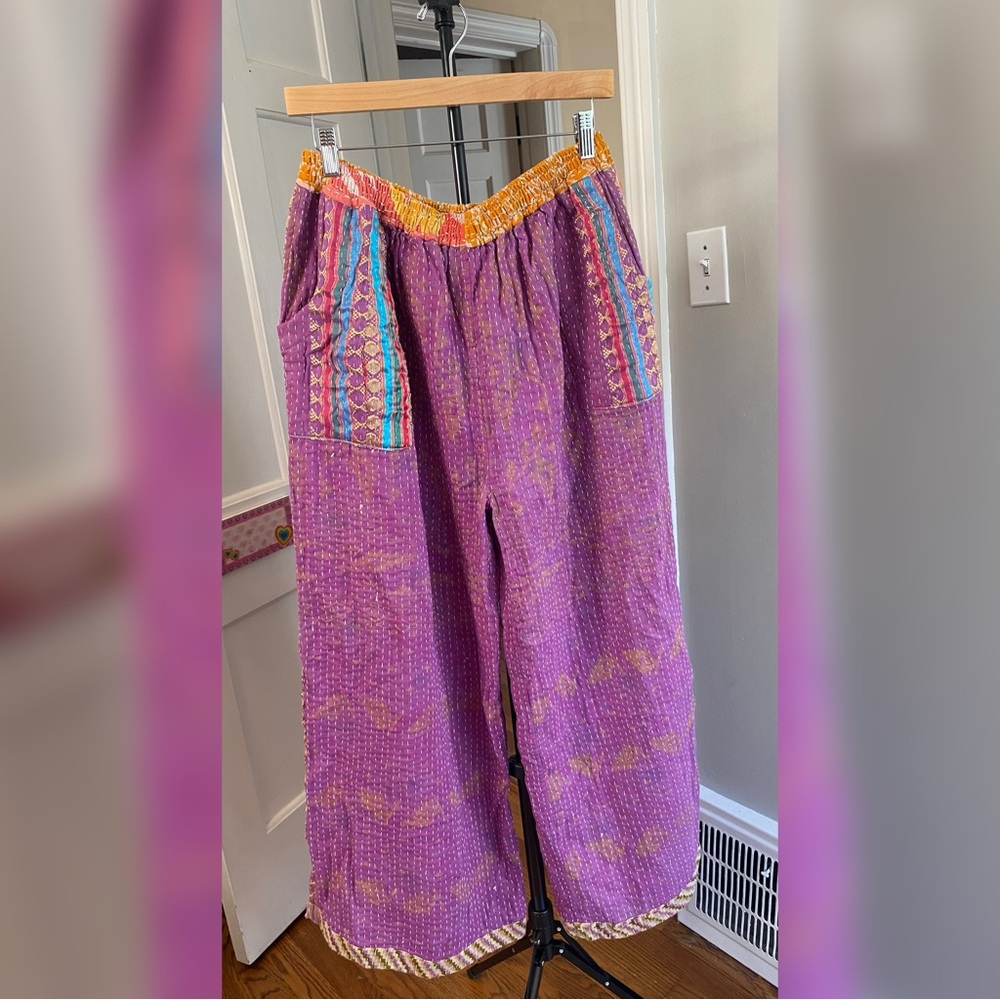 Kantha Patchwork Pants • Reversible Vintage Sari • Boho Wide Leg • OSFM - Picture 3 of 8